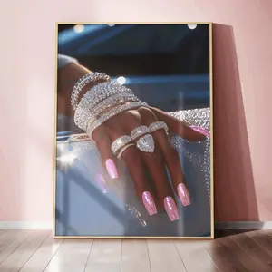 Luxury Black Girl Poster, Pink Nails Diamond Jewelry Print, Bling Aesthetic Wall Art, Barbiecore Pinkcore Dorm Room Decor, Unframed | 5 Size, 8x12 to 27x40 inch