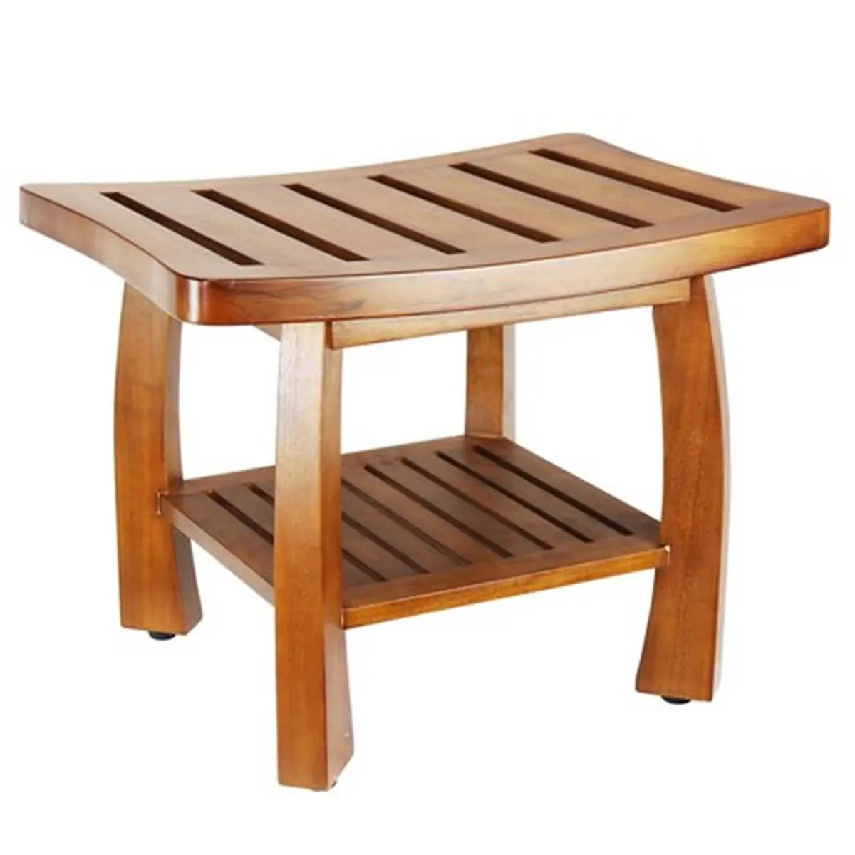 212 MAIN Wooden Bath Footstool with Storage, Solid-Teak Wood Construction, Curved Seating, and Bottom Shelf for Spa Shower Indoor Furniture, Storage Shelf