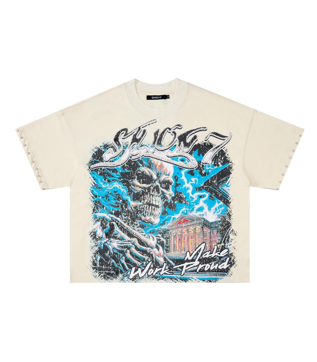 American Rhinestone Studded Skull Baggy Fit Tee | Gothic Y2K 100% Cotton Graphic Men's T-Shirt