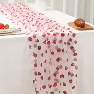 2026 Colorful Pink Strawberry Mesh Tablecloth & Table Runner Set, Sweet Fruit Pattern Decoration for Party, Wedding