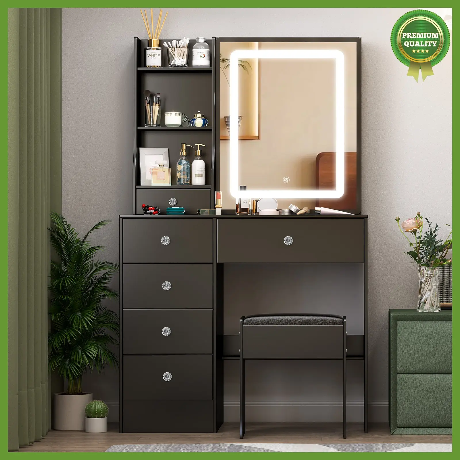 Black Makeup Vanity Desk with LED Sliding Mirror, 6 Drawers, 3 Color Modes, Dressing Table with Stool for Bedroom