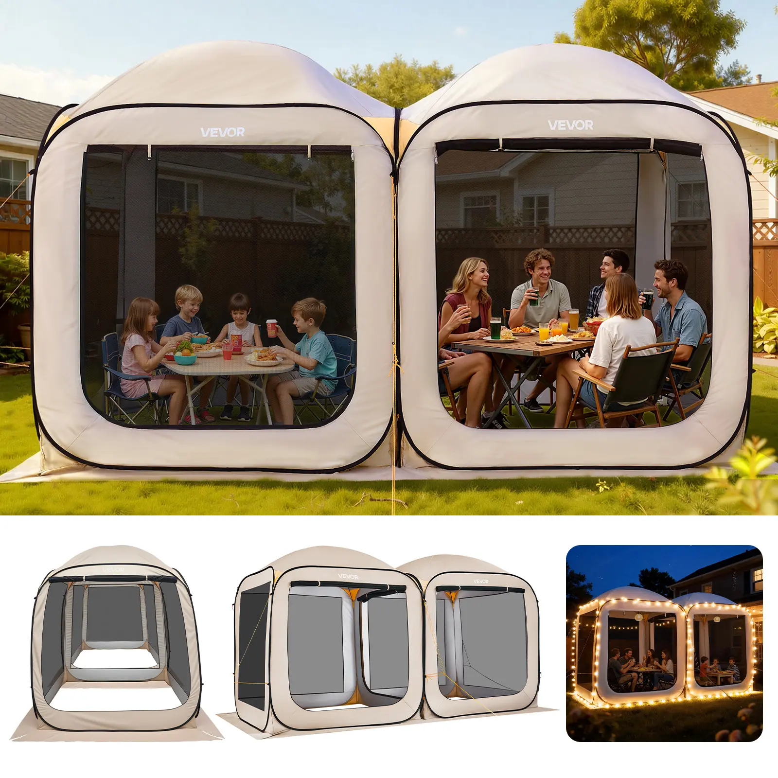 VEVOR Screen House Tent, 12 x 6 ft, 2 in 1 Pop Up Screen Tent, Portable Screened in Canopy with Carry Bag, Netting Sides, Ground Stakes, for Garden, Patio, Backyard, and Outdoor Activities, Beige