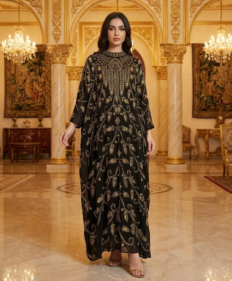 Luxury Beaded Kaftan Abaya | Floral Embellished Maxi Dress for Eid, Weddings & Evening Events