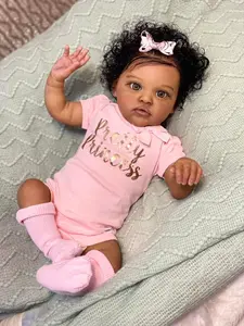 20 IInch Reborn Baby Doll with Implanted Curly Hair Dark Skin Christmas Gift Set with Pink Outfit Headband Pacifier Birth Certificate