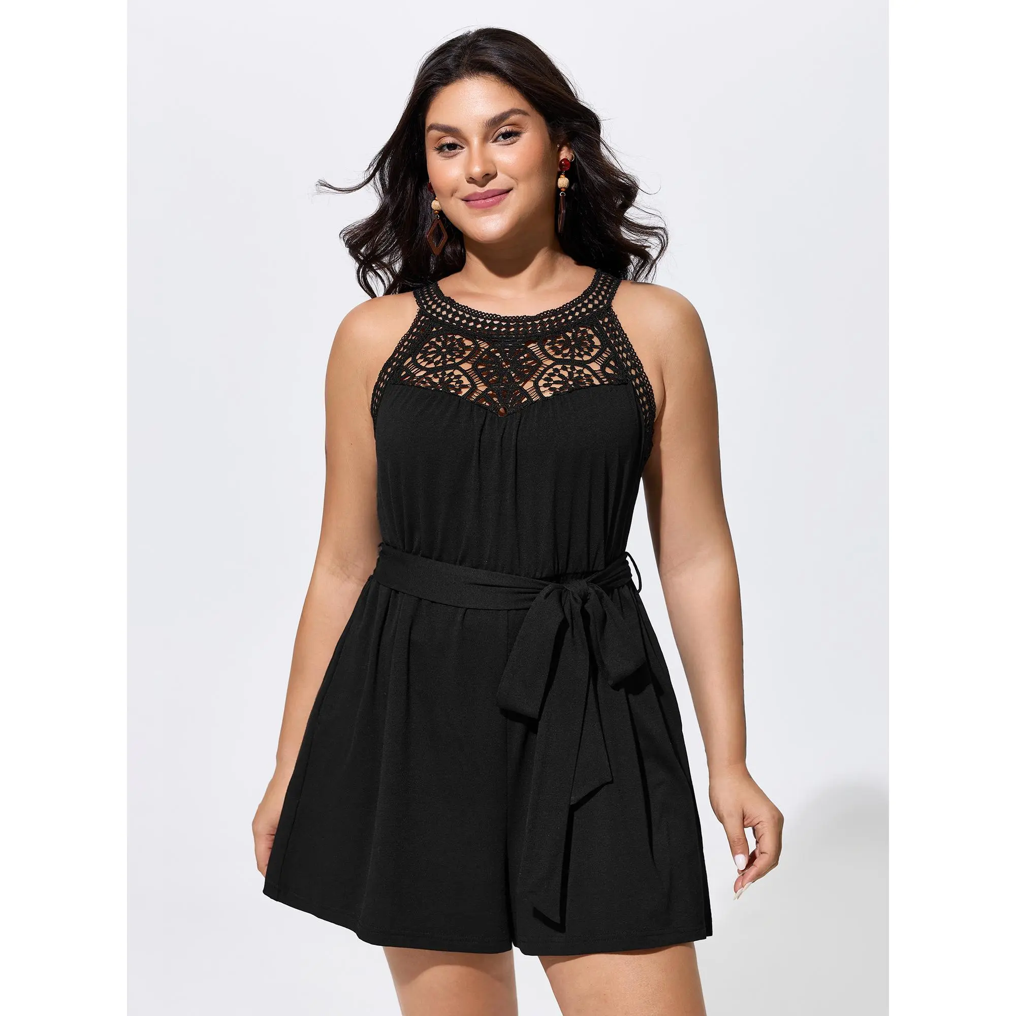 BloomChic Plus Size Boho Romper, Short Overalls Jumpsuit with Tie-Waist, Polyester Garment with Comfortable Fit and Lace Neckline, Fabric, Sleeveless, Rompers For Women, Lady, 14-16/1X