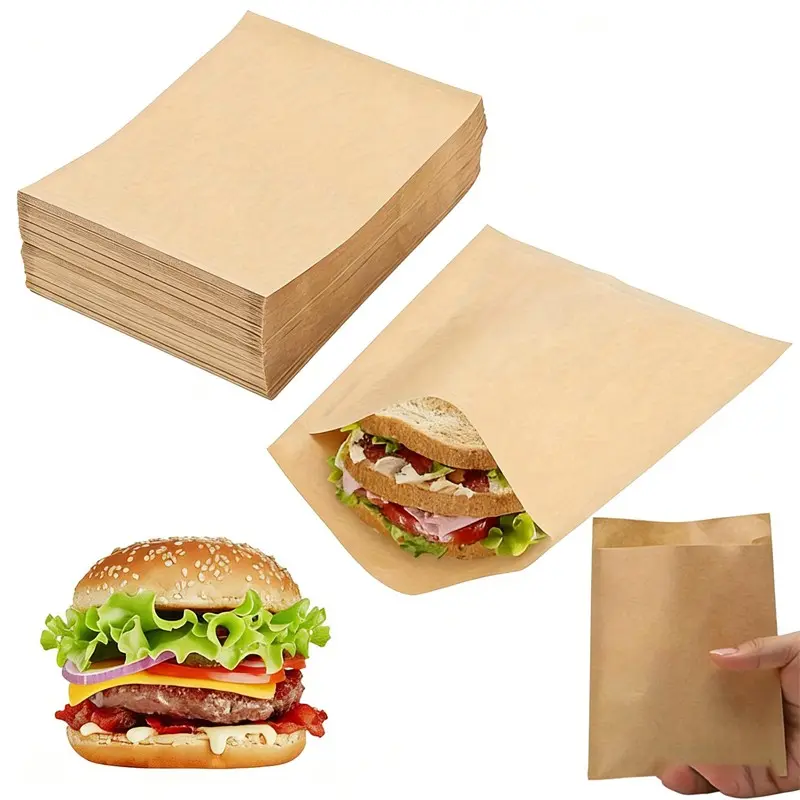 Cowhide Paper Sandwich Bags, Oil-Resistant Disposable Food Bags for Hamburgers, Desserts, Fried Chicken, Leakproof Snack Packaging, Disposable Products