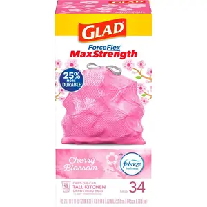 13 Gal. ForceFlex MaxStrength Tall Kitchen Drawstring Cherry Blossom with Febreze Pink Trash Bags (34-Count)