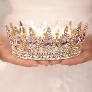 Elegant Baroque Style Round Crown Bridal Wedding Queen's princess 3 crown with Large Adorned Arch Pink & Clear Accents Heavy Statement Piece for Prom Birthday Royal Events Women's Vintage Tiara Headpiece Retro Hair Accessory