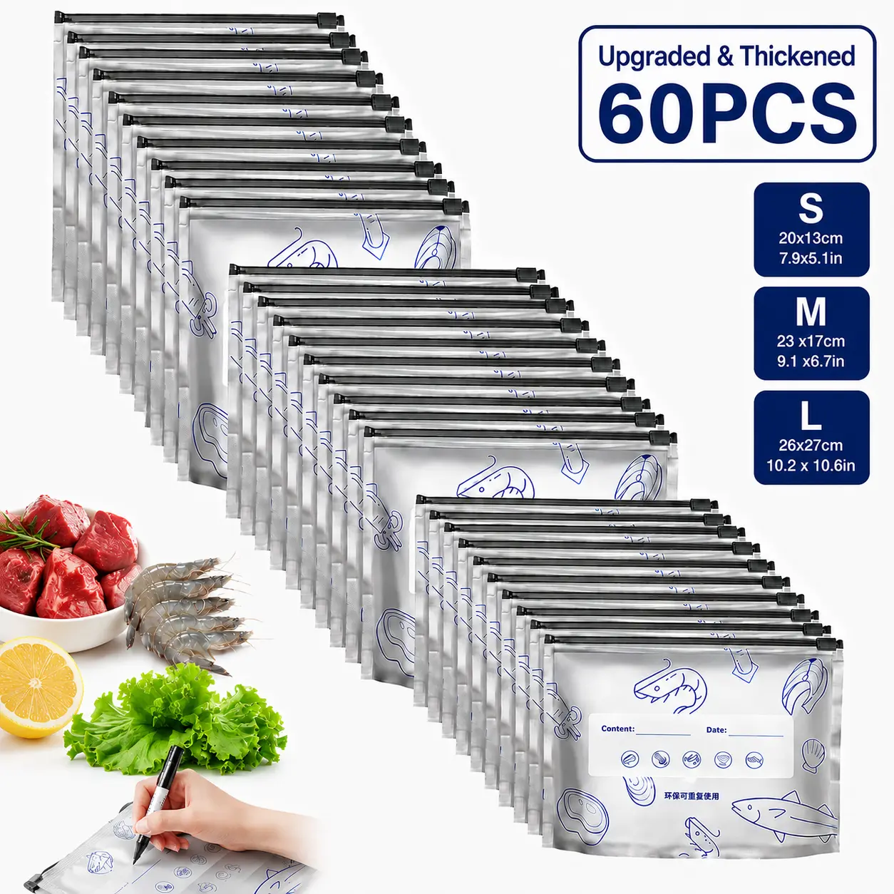 【Refrigerated Food】Reusable Aluminum Foil Sealable Storage Bags, 2026 New Resealable Vacuum Zipper Pouches for Food, Stand Up Foil Sealable Bags with Label and Zip Lock for Vegetable Fruit Meat