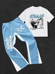 The men's two-piece set includes a T-shirt with stars, letters, and a graphic print, and a pair of trousers; a crew neck short-sleeved T-shirt and slim-fit trousers; knitted fabric; suitable for everyday wear and all seasons.