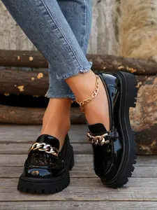 Women's Fall Winter PU Leather Chain Decorated Loafers, Round Toe Metal Chain Design, Casual Non-Slip Thick Sole Shoes, Perfect for Daily Wear, Student Tracy Shoes