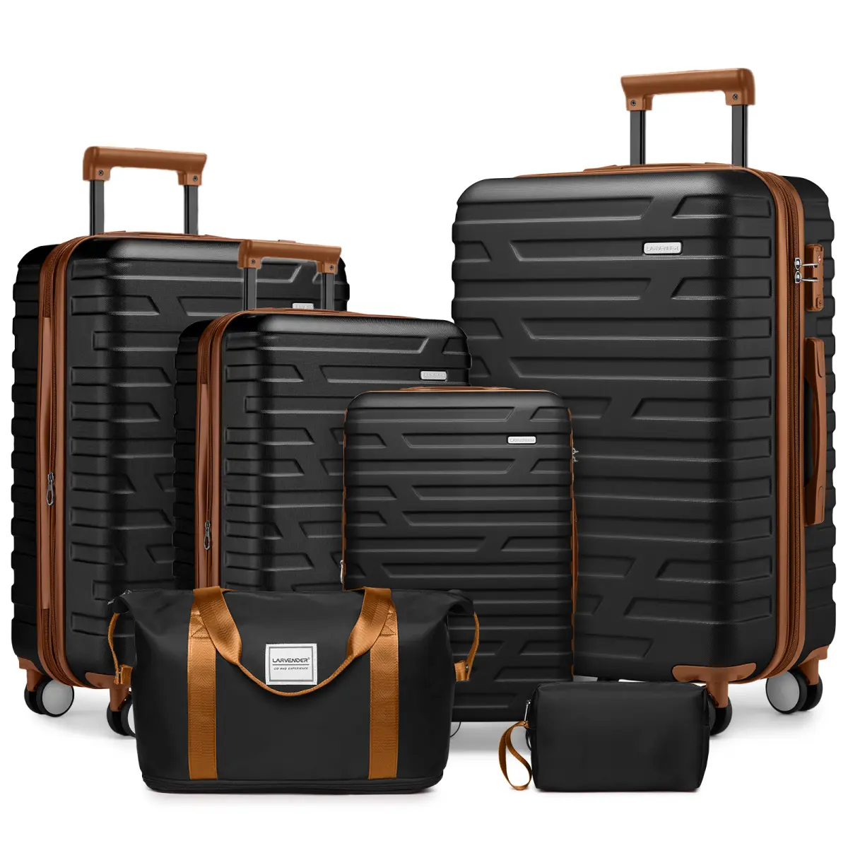 6-Piece Hardside Expandable Luggage Set with Spinner Wheels, TSA Lock, Expandable Zipper, Full-Zip Travel Duffel Bag, Ribbed Texture, Lightweight Women's Carry On for Travel, Black