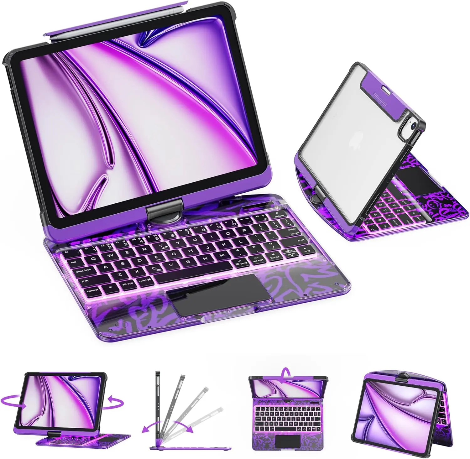 360° Rotating iPad Magic KeyboardCase For Apple iPad (8.3'/10.2'/10.9'/11'/12.9'/13 inch )ipad 7-11th(A16)/ipad air(2022-2026) / ipad pro (2018-2025) and ipad mini–  Type-C Charging, RGB Backlit Keyboard, Transparent Back with Pencil Holder
