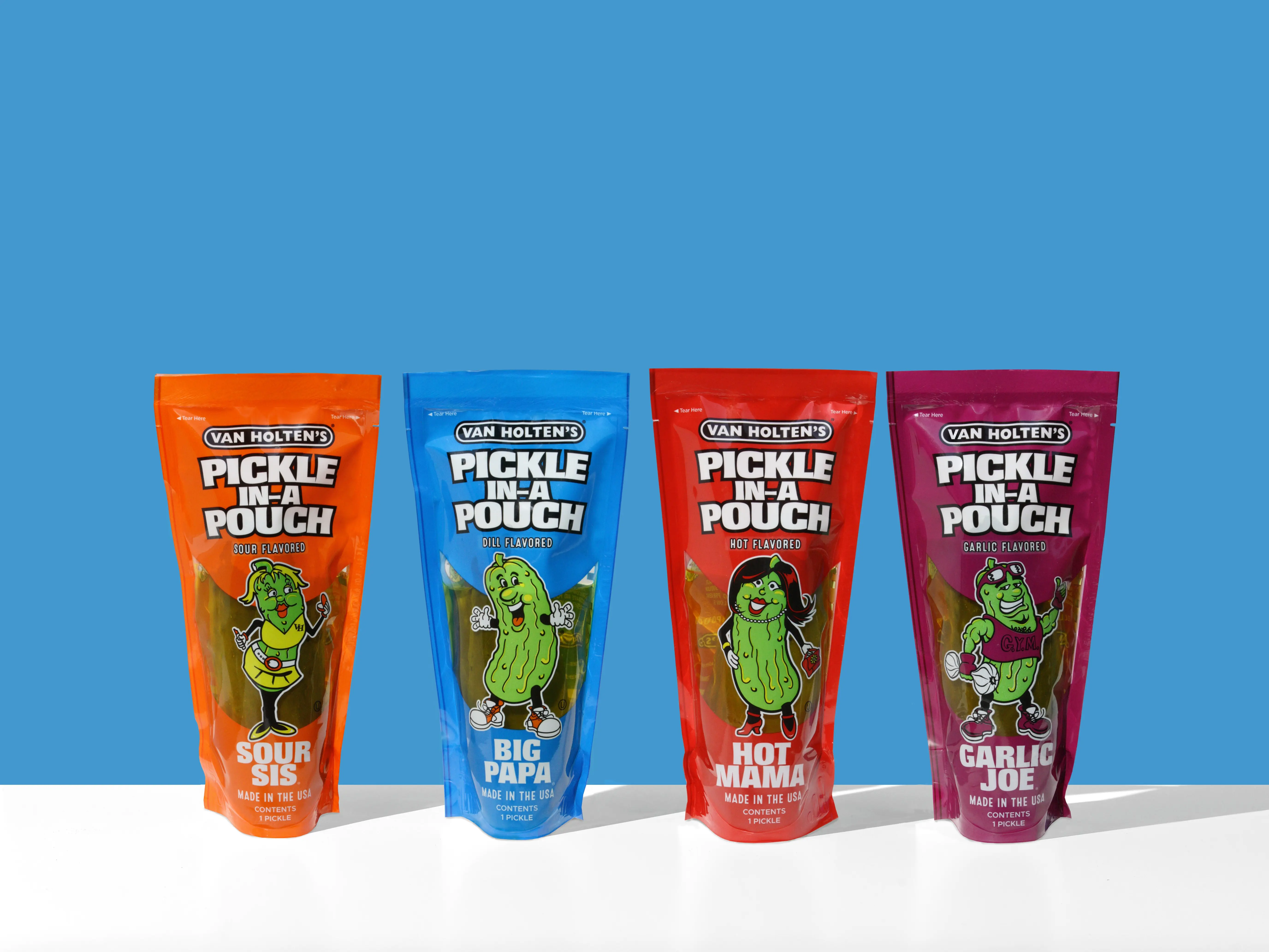 Van Holten's Pickle-In-A-Pouch Gift Box - Charismatic Characters - 4 Pack - Big Papa, Garlic Joe, Sour Sis, Hot Mama - Snacks Pickled - Meatless