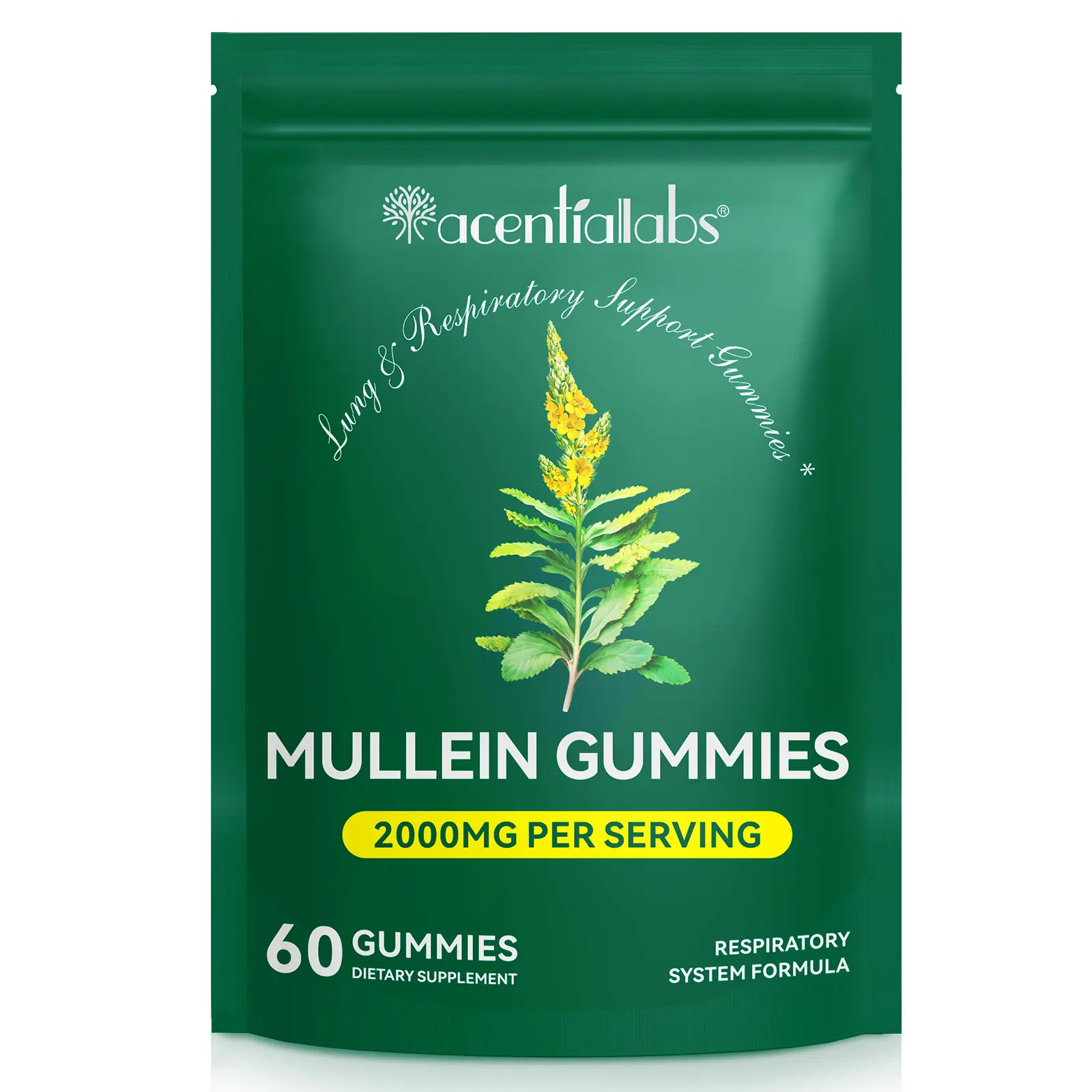 Acentiallabs Mullein Gummies for Lungs, Healthcare Supplement Edible Fitness Dietary Gummy for Lung Health, 1000mg Mullein Leaf Extract, Pear Flavor Gummies (1 Bag/60 Capsules)