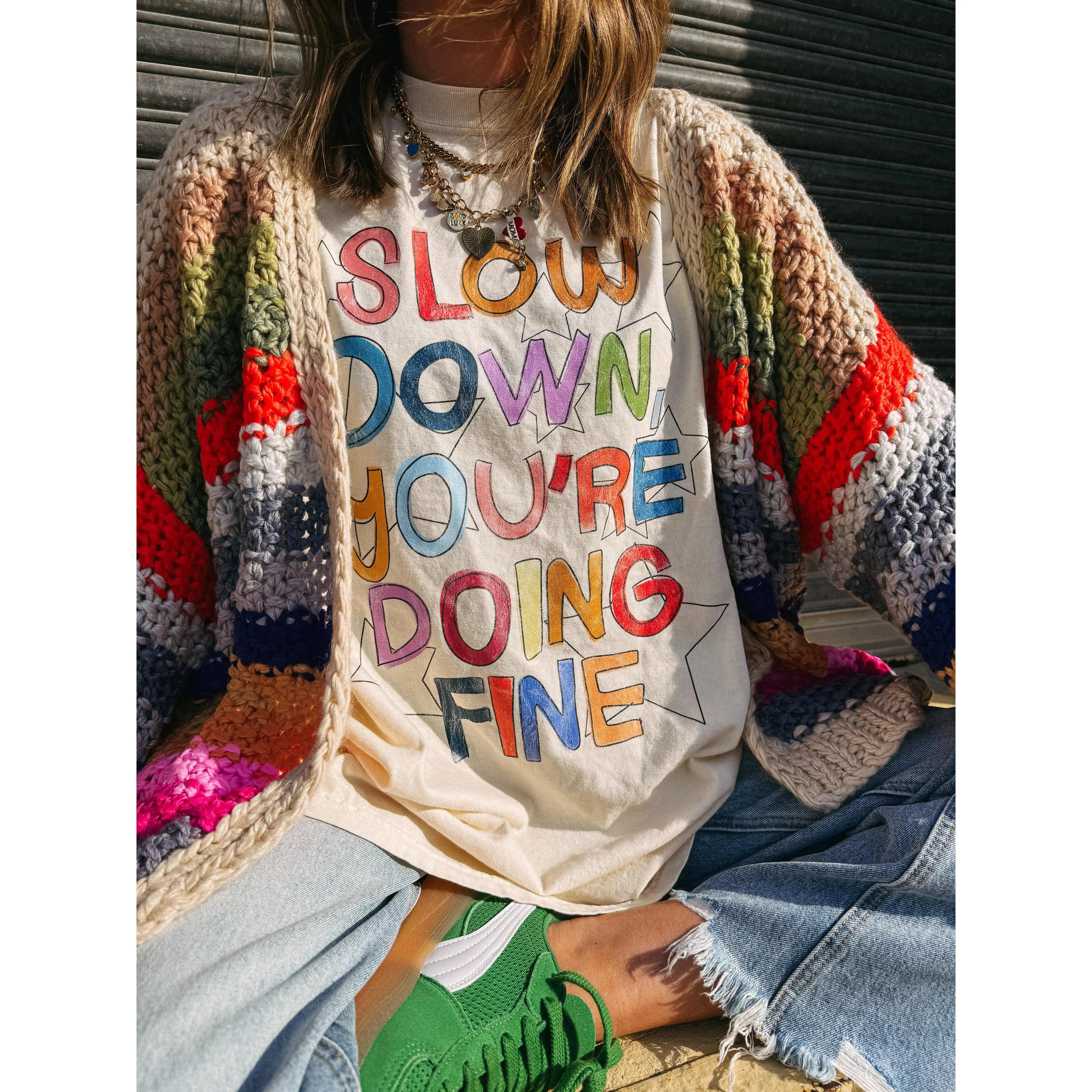 ETTA OG Slow Down You Are Doing Fine Graphic Tee - Ivory Oversized Shirt graphic tee Grunge Graphic Album T-Shirt subtle anime clothing world tshirts book merch