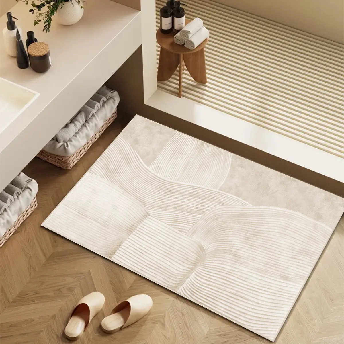 1 piece Bathroom floor mat, Non Slip Rugs, non-slip rug, simple beige stripe pattern, soft non-slip floor mat, easy to clean machine washable rug, perfect for bathroom and home decoration