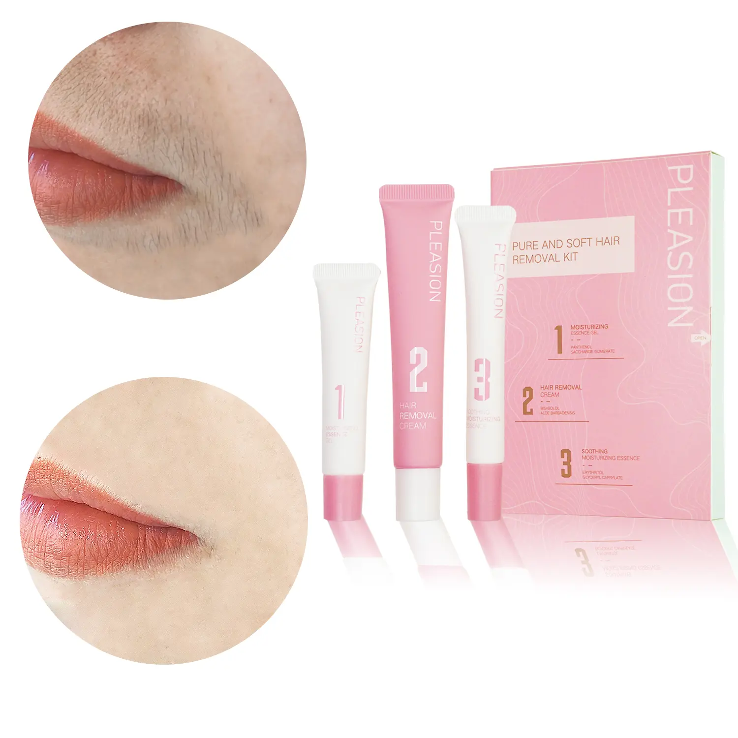 PLEASION Facial Hair Removal Kit for Women, Painless Moisturizing Cream with Aloe for Sensitive Skin, Alcohol-Free Formula for Upper Lip, Chin & Cheeks, Hair Removal Cream, Urea, Adults, Three Tubes