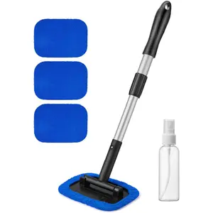 1Set Windshield Cleaner Tool, Microfiber Car Window Cleaner with 4 Reusable and Washable Pads and Extendable Handle Auto Inside Glass Wiper Kit, Blue