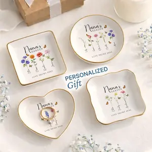 Personalized Nana Birth Flower Gift Ring Dish Gift for Grandma, Thank You Grandma, Birthday Ring Dish Gift, Mother's Day Gifts, Grandmother Birthday Present, Custom Floral Jewelry Holder
