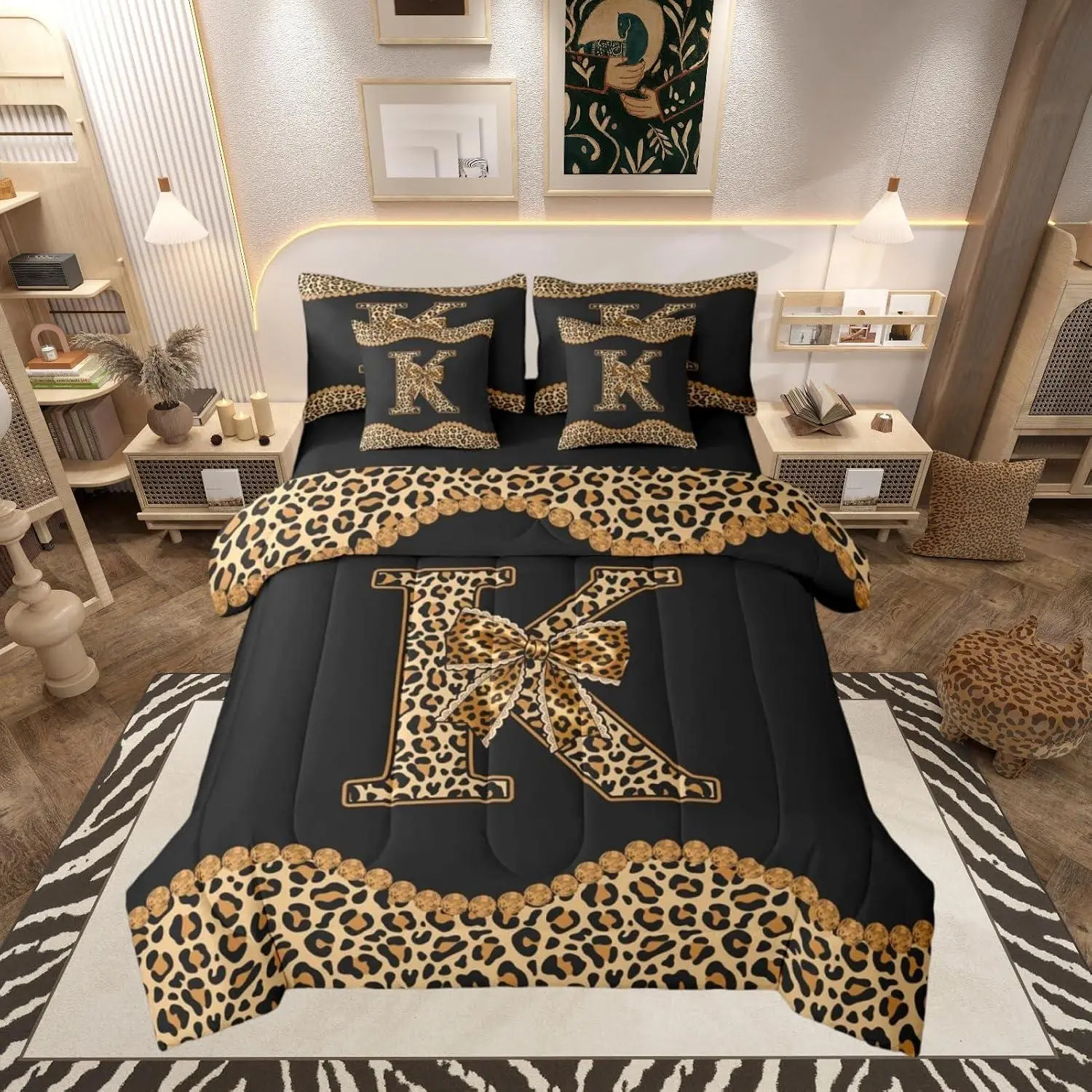 Cheetah Bow Comforter Set 7 Pieces Leopard Coquette Bow Bedding Set Personalized Initial K Bed in a Bag with Comforter,Sheets,Pillowcases,Cushion Covers Bedroom Decor
