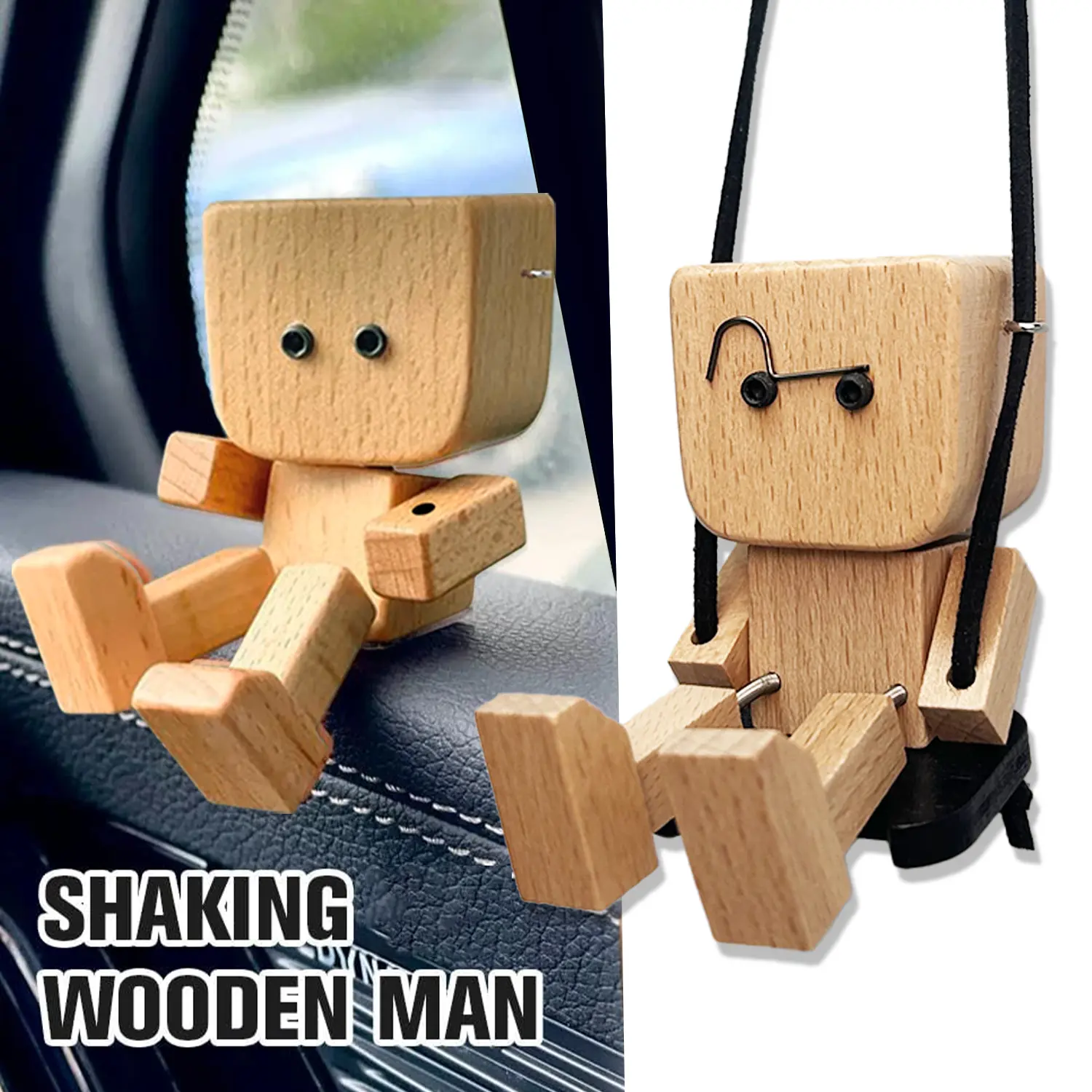 Shaking Feet Wooden Man Statue - 12 Changeable Faces, Swing Design, Car Interior Accessory, Car Ornament, Funny Creative Home Office Desktop Decor