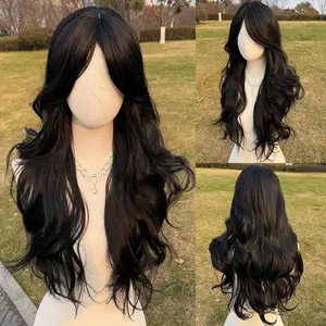 SMILCO 26'' Black Bodywave With Curtain Bangs Synthetic Wig SM7543  Glueless Natural-Looking Scalp Full MachineCap Adjustable Straps Breathable Cap Vibrant Color