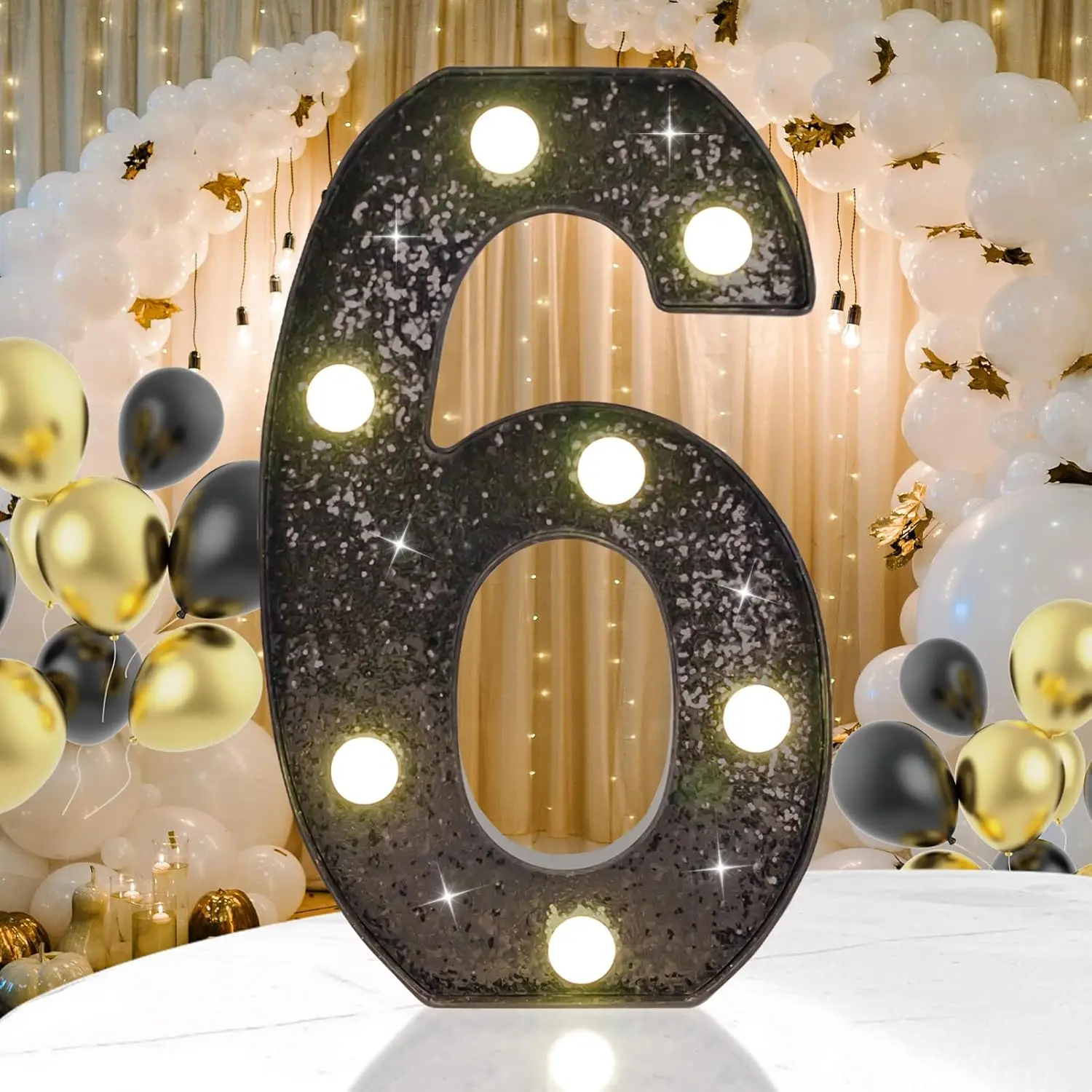 Plastic Glitter Finish Black LED Marquee Number 6 Sign - Battery-Operated Sequined Party Lights, 1.77in Thick, 8.86in High, Wall Hanging Home Supplies for 6th Birthday Party Festive Decorations