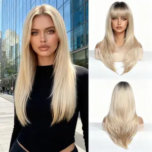 24 Inch Dark Root Ash Blonde Straight Hair Wig with Bangs | Layered Synthetic Hair Wig | Heat Stylable