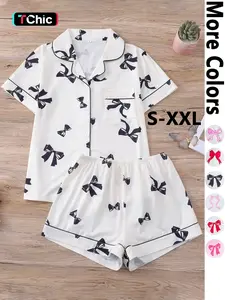Two-Piece Set Women's Bow Print Short Sleeve Tee & Elastic Waist Shorts Pyjama, Casual Comfy Round Neck T-shirt & Shorts PJ Set, Ladies Summer Sleepwear Pajama Set