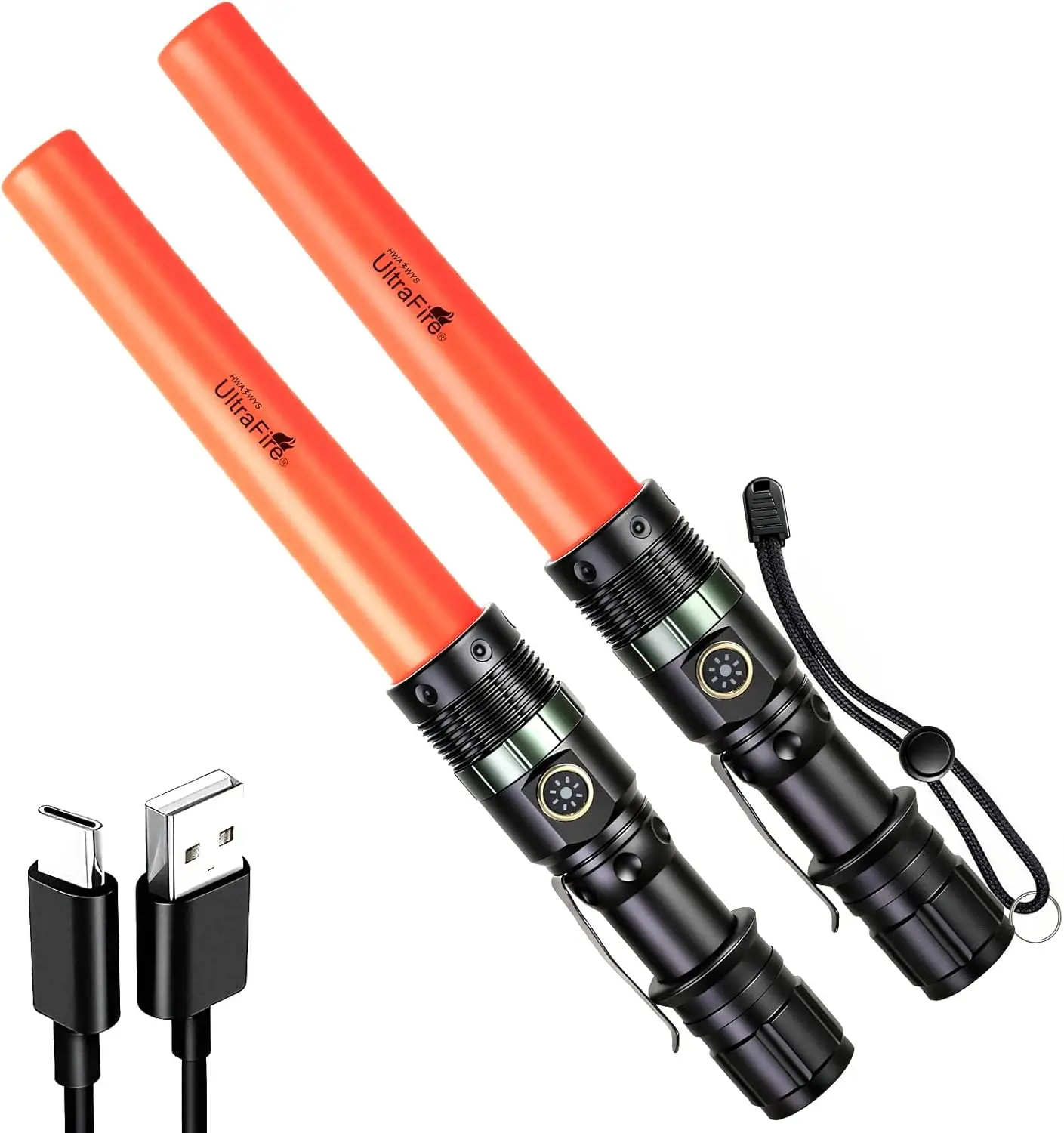 UltraFire UF-303X 2-Pack USB-C Rechargeable Traffic Wand & Zoomable LED Flashlight