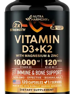 Vitamin D3 K2 - Vitamin D3 10000 iu & K2 as MK-7 120 mcg - Immune & Mood Support, for Bone & Teeth Health - with Magnesium, Zinc & Vitamin C & B12 - Highly Bioavailable - Made in USA, 120 Capsules
