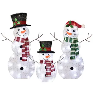 3-Piece 2D Lighted Christmas Snowman Family Set - HOYECHI Outdoor Yard Light Up Snowman Holiday Decoration with 80 LED Lights, Stakes, Zip Ties - White