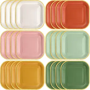60 count Boho Colorful Paper Plates 7 Inch Gradient Disposable Square Dessert Party Plates with  Edge for Birthday Wedding Bridal  Shower Party Supplies, 6 Colors