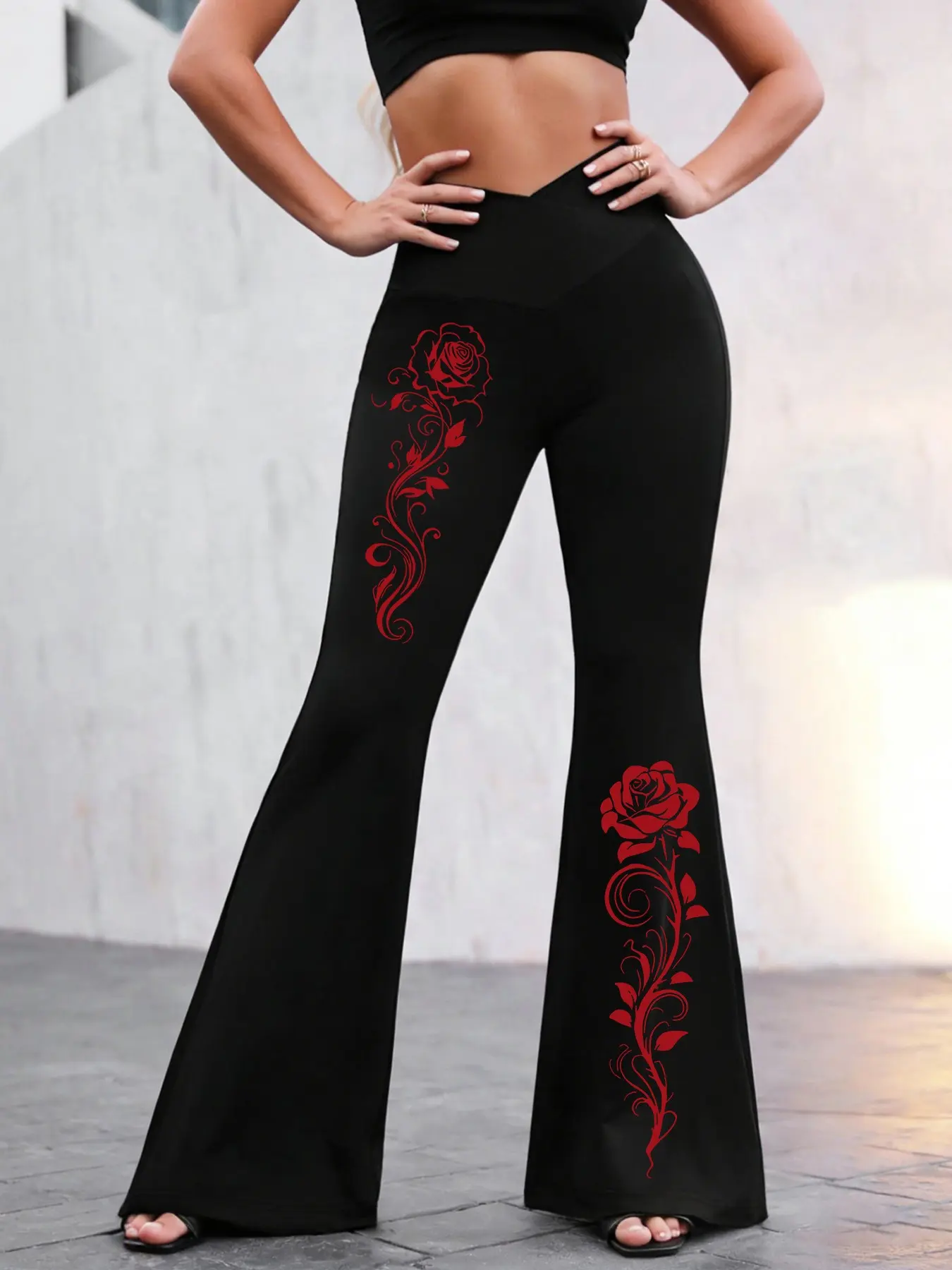 Women's High Waist Flare Pants, Flared Leg Trousers, Feminine Gothic Floral Rose Print, Casual Loose Fit, All Seasons, Comfortable Daily Wear, Versatile Long Pants, Casual Fashion Pants