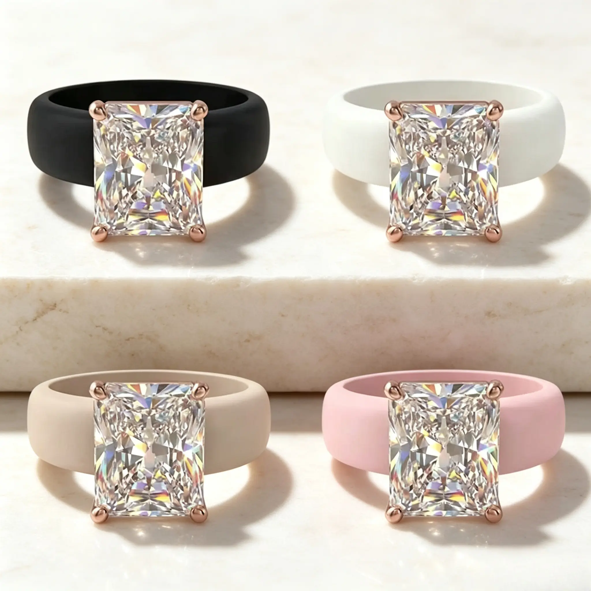 Gorgeous Black White Nude Pink Pastel Color Radiant Simulated Diamond Ring Comfort Flexible Silicone Band Trendy Aesthetic Accessory for Teen Girls and Ladies