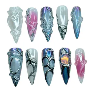 Y2K Style Chrome & Holographic Handmade Press-On Nails / Iridescent Pink / Silver with Metallic Accents Euniqualandfair