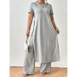 ��Plus Size�� Two-Piece Set Solid Color Top & Wide Leg Pants, Casual Fashion Cozy Top & Trousers for Daily Outdoor Wear, Women's Clothing for Summer, Womenswear