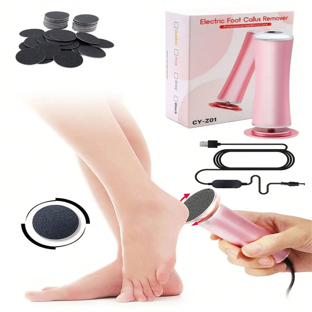 Electric callus remover, electric foot scrubber, comes with 60 replacement sandpaper discs, suitable for removing dry, cracked, dead skin and calluses for both men and women, pedicure tool, foot cleaner (pink)