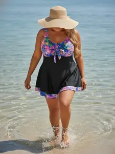 Loose and comfortable colorful snake skin print front bow women's plus size Tankini set, Hawaiian style skirt style split flat angle swimming swimsuit, a must-have item for fashionable women's island carnival