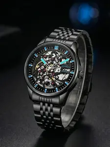 Men's Business Fashion Automatic Round Dial Mechanical Watch with Engraved Design, Elegant All-match Fashion Accessories for Daily Wear, Exquisite Accessories for Birthday Gifts, Mechanical Style Watches, Mechanical Wristwatches