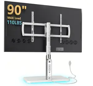 Universal TV Stand Tabletop TV Mount with Power Outlet for 50-90 Inch OLED LED Monitors, 9 Levels Height Adjustment, Ambient Lighting on The Bottom Holds up to 150lbs, White Max Vesa 600x400mm