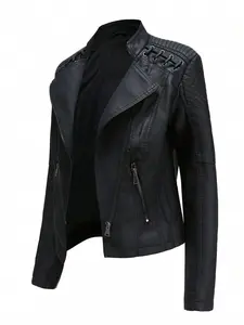 New Spring & Autumn Women Leather Jacket, Short Fitted Thin Faux Leather Motorcycle Jacket Black