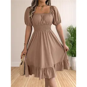 Women'sPlainRuffleHemShirredALineDress,CasualPuffSleeveSquareNeckKneeLengthDressforSummer,Women'sClothingforDailyWear