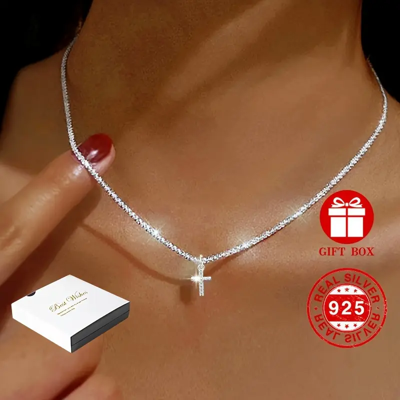 925 silver mini cross necklace, noble and luxurious necklace accessories, elegant necklace with gift box