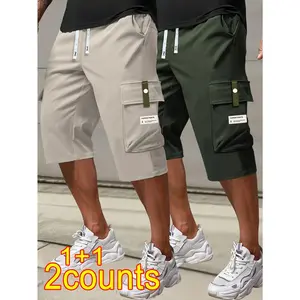 2pcs Men's Cargo Capri Pants/Drawstring Waist/Large Pockets/Letter Patches/Summer/Fashion Casual Athletic Trousers