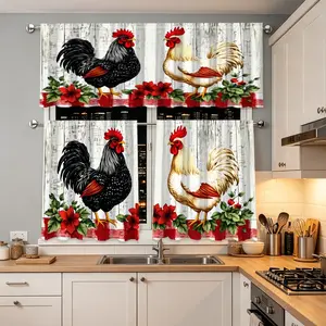 3pcs Farm Style Rooster Floral Drapes, Kitchen Living Room Decorate Valance Set, Cafe Restaurant Home Curtains, No Pole, Gift for Family Friends, Window Curtain