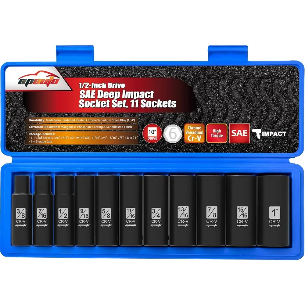 1/2-Inch Drive SAE Deep Impact Socket Set - Cr-V Chrome Vanadium Steel Alloy, Corrosion-Resistant, Hardened, 6-Point, 11-Socket, High-Torque Impact Compatible (Bathroom Home Supply Gadget)