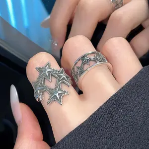 Distressed five-pointed star shape hollow wide ring women's party jewelry anniversary gift