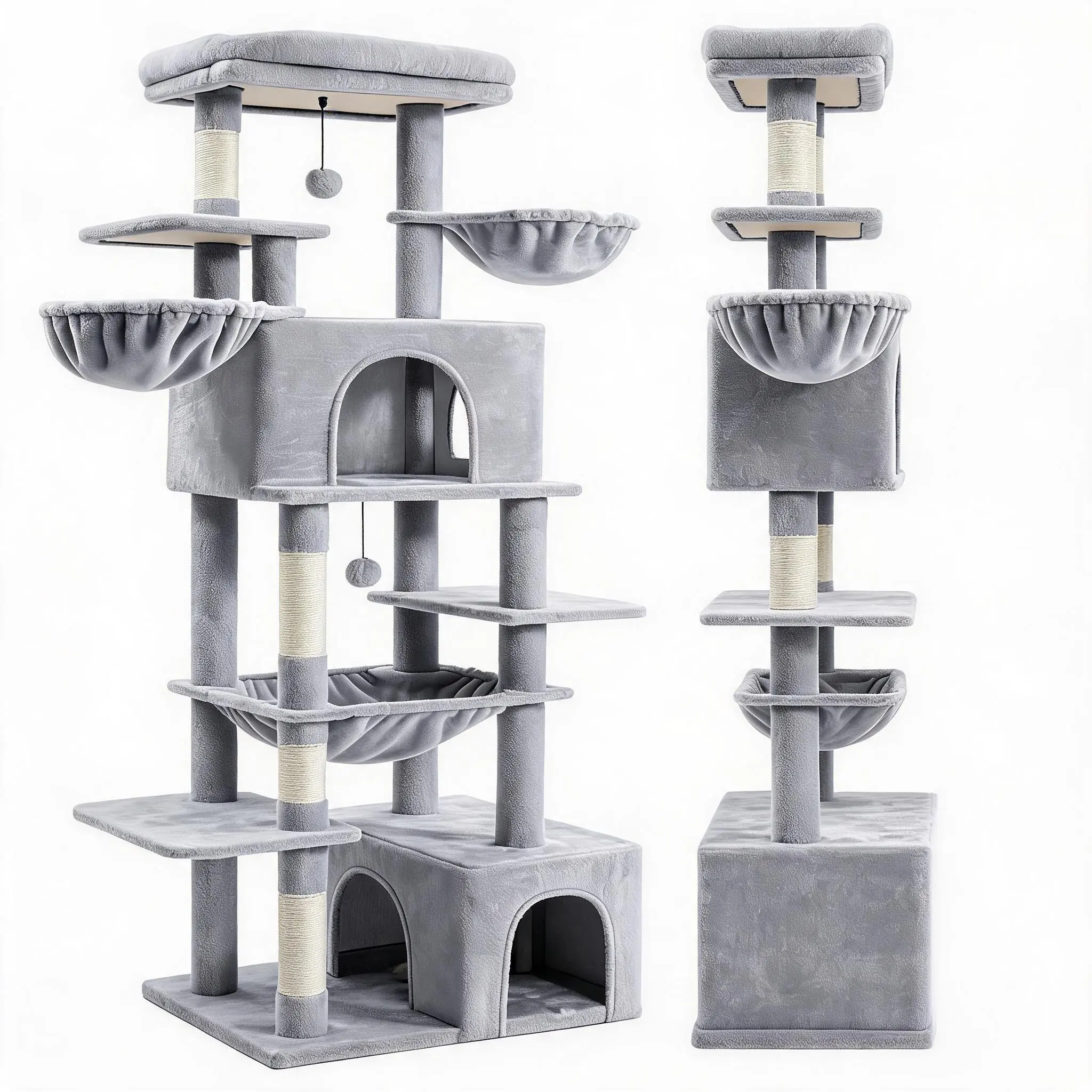 68-Inch Large Multi-Level Solid Cat Tree Tower - Indoor Pet Activity Center with Plain Sisal Scratching Posts, Cozy Condo, Soft Hammocks, Perches, Spacious Layout, Wide Base for Stability, Protects Furniture for Multiple Felines, Extra-Wide Base